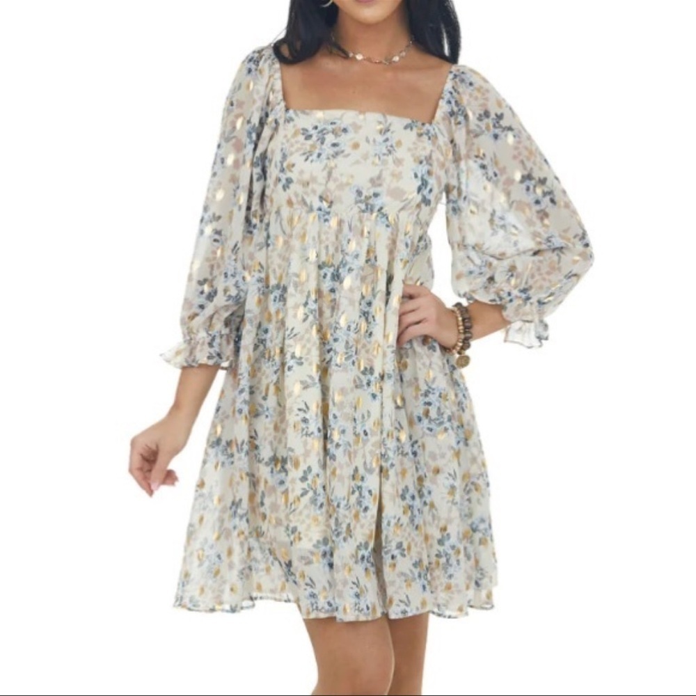 Sweet Lemon Puff Sleeve cottage-core, Floral baby doll Mini Dress size small NWT
